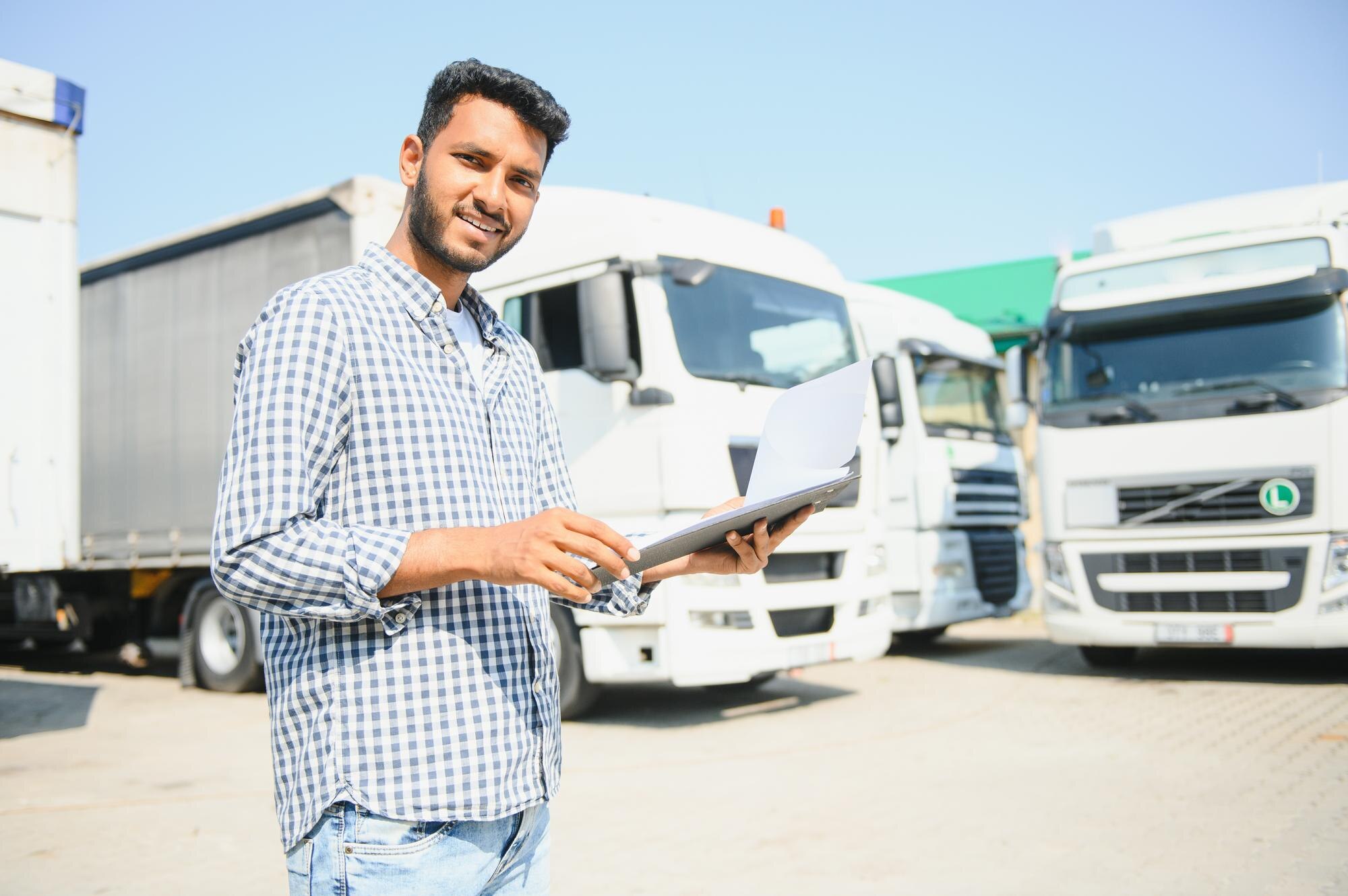 logistics delivery car man with clipboard paperwork checklist stock product distribution shipping in 1